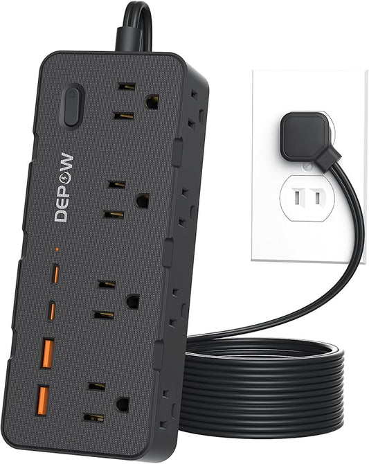 Black 2 Prong Power Strip, 2 to 3 Prong Outlet Adapter with 8 AC & 4 USB Ports (2 USB C), 6 FT Extension Cord, 1700J Two Prong Surge Protector, Wall Mountable, Ideal for Old House
