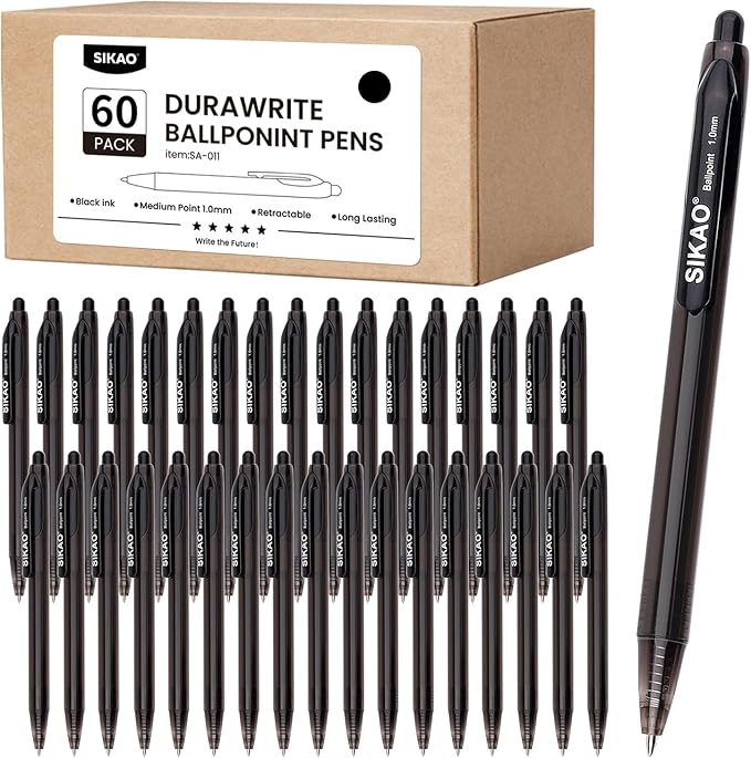 Black Pens Bluk | 60 Pack Durawrite Retractable Ballpoint Smooth Writing | Ball Point Click Pens Black Ink 1.0mm with Clear & Vivid Lines for Servers School Office Supplies, Lapiceros