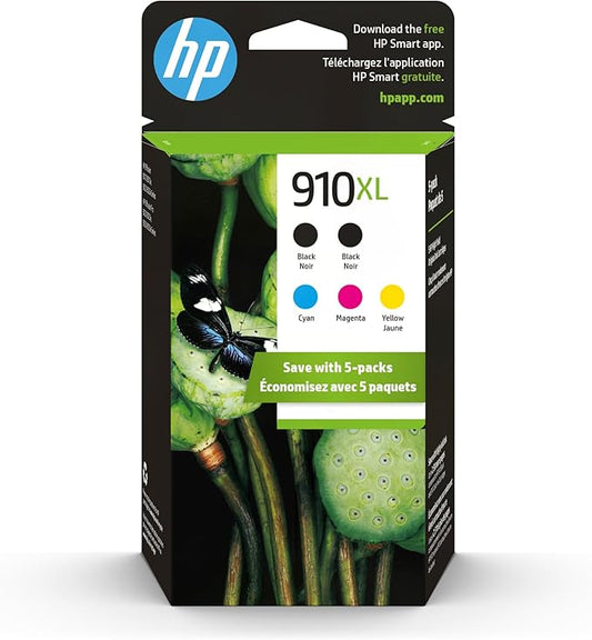 HP Original 910XL Black, Cyan, Magenta, Yellow High-Yield Ink Cartridges (5-Pack) | Works OfficeJet 8010, 8020 Series OfficeJet Pro 8020, 8030 Series | Eligible for Instant Ink | 6ZA58AN