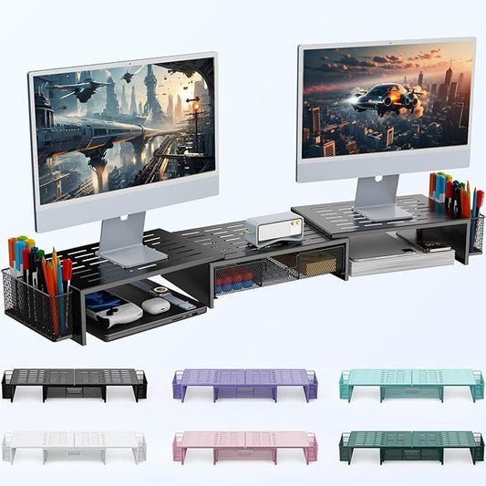 gianotter Computer Dual Monitor Stand Riser For Desk, Desk Organizers And Accessories With Drawer And 2 Pen Holder For Office, Home, School Supplies (Black)