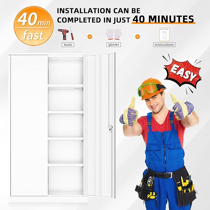 INTERGREAT Garage Storage Cabinets with Doors and Shelves,72" Tall White Steel Locking Cabinets Storage, Metal Cabinet for Home Office, Warehouse, School