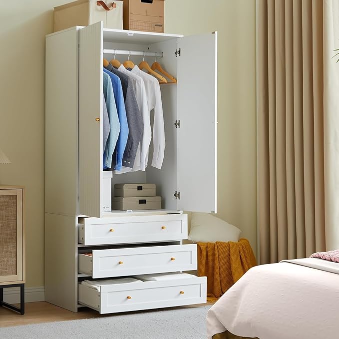71" Wardrobe Closet Armoire, Wardrobe Armoire Wooden with 2 Doors, 3 Drawers Household Freestanding Wooden Closet Storage Cabinet for Bedroom (White)