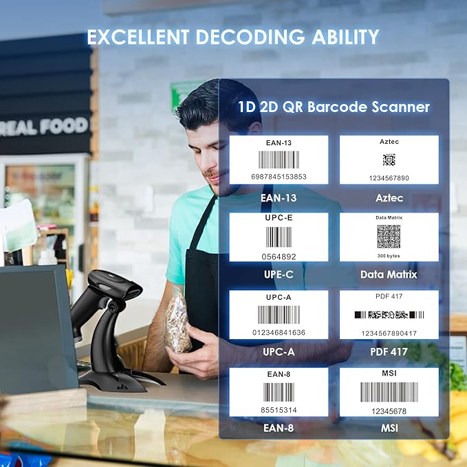 Eyoyo 2D 1D Wireless Barcode Scanner with Stand, 3-in-1 Barcode Reader 2.4G Wireless & Bluetooth & Wired USB Connection, Handheld QR Code Scanner for iPhone, Mac, Android, Store, Warehouse, Library