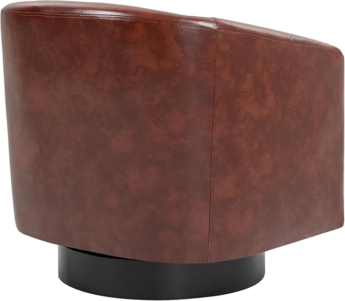 UIXE Faux Leather Swivel Accent Chair with Wood Base, Modern Upholstered Barrel Chairs for Living Room, Comfy Round Armchair Single Sofa Bedroom Reading Seat - 31" W, Red Brown