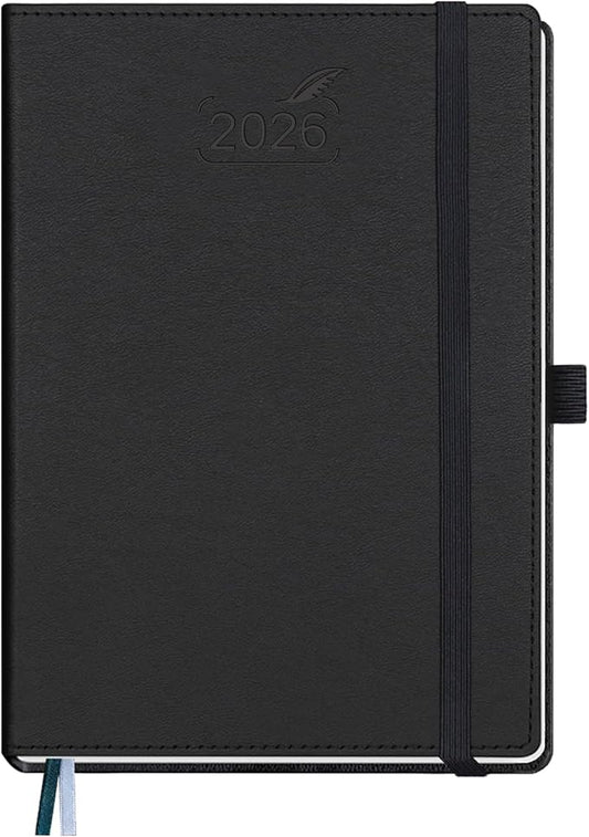 BEZEND 2026 Planner Weekly and Monthly (6" x 8.5") Daily Calendar with Half-Hourly Timeslots & Tabs (Jan-Dec) Note & Expenses, Pen Holder, Inner Pocket, Vegan Leather Hardcover - Black