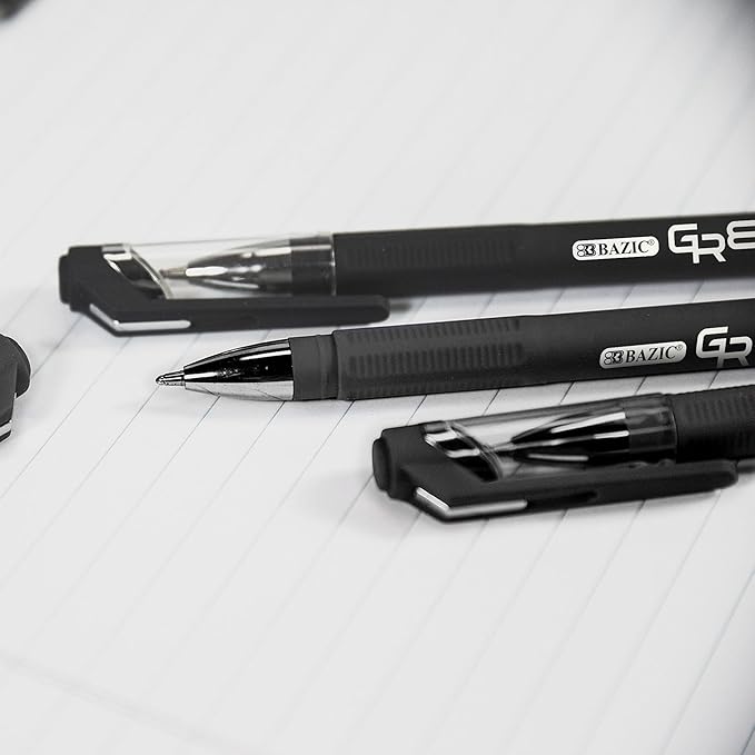 BAZIC Oil Gel Fuse Tech Ink Pen, GR8 Black Color w/Rubberized Barrel, 0.7 mm Medium Point Smooth Writing (3/Pack), 144-Packs