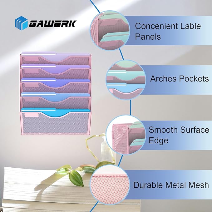 5 Tier Hanging Wall File Organizer, Mesh Mail Paper Orgnization Hanging File Folder Holder for Home Office, Pink