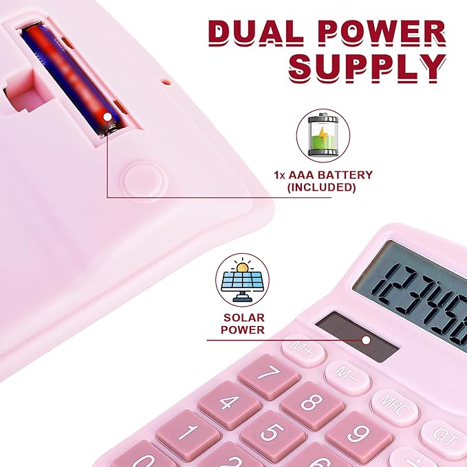 Basic Calculator with Comfortable Large LCD Display, 12 Digits Calculators Desktop, Tilt Screen, Big Button, Desk Calculator with Dual Power (Solar & Battery Included) (Pink)