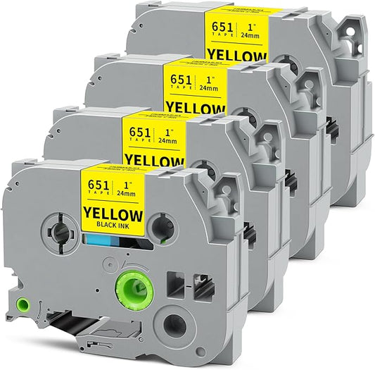 Tze651 24mm 0.94" Laminated Yellow Tape Compatible for Brother Tze-651 Tz-651 P Touch Tz Tze 24mm 1" Black on Yellow Label Maker Tape for PTD600 PTD610BT PTP710BT PTP750W PTE550W, 4-Pack
