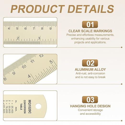 HARFINGTON 4pcs Metal Straight Ruler 20cm Metric SAE Aluminum Alloy Measuring Rulers Scale Tool with Hole for Measure Study Reading Classroom Office, White