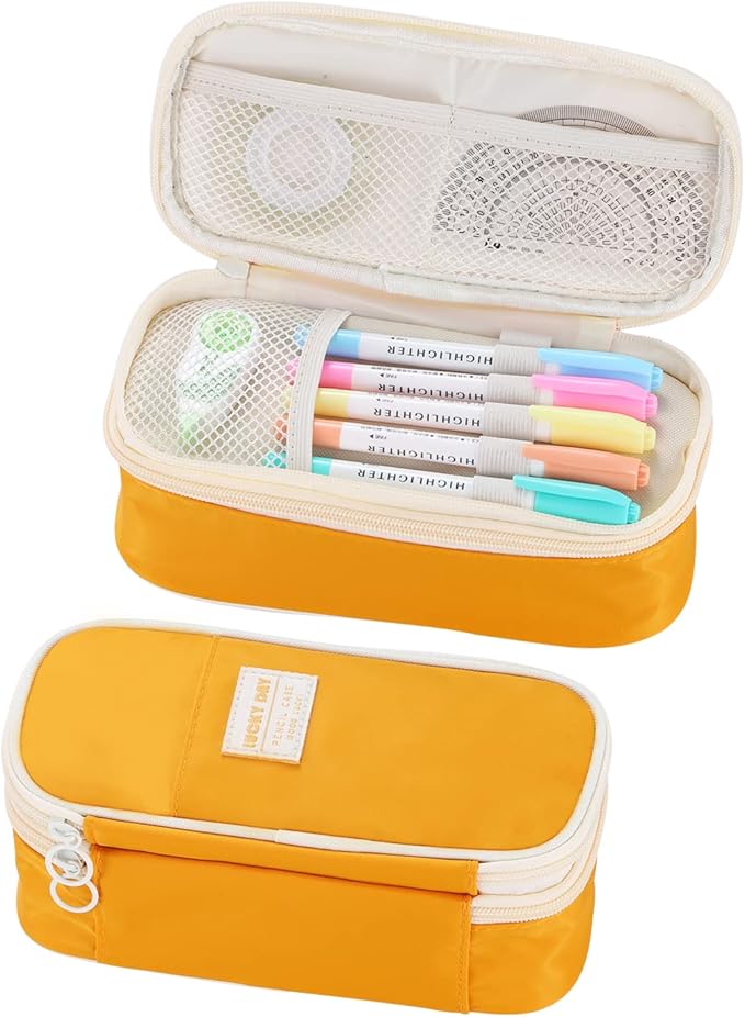 Big Pencil Case Large Capacity Pencil Bag with Zipper Pencil Pouch for Girls Boys Kids Adults Stationery Pencil Pen Case Organizer for School Office Yellow