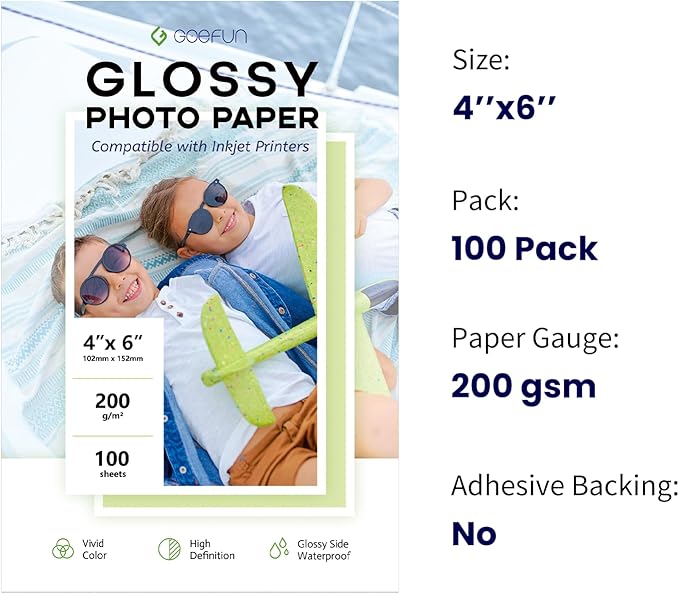 4x6 Photo Paper, Goefun 200GSM/54LB Glossy Inkjet Printer Paper for Dye Ink, 100 Sheets