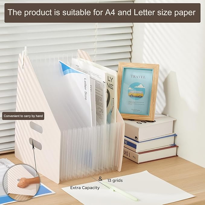 2-Piece Vertical Accordion Folder Manager, 13 Grid Expansion Pages, Vertically Opened Storage Bag for organizing Materials, School, Home, and Office letterhead, Pink