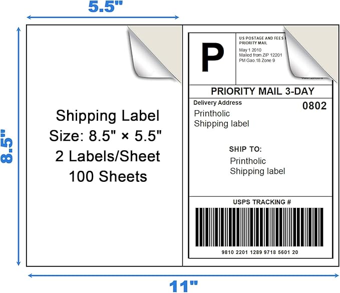 200 Half Sheet Self Adhesive Shipping Labels 8.5" x 5.5" Compatible with for Laser & Inkjet Printers - 100 Sheets, 2 Labels Per Page
