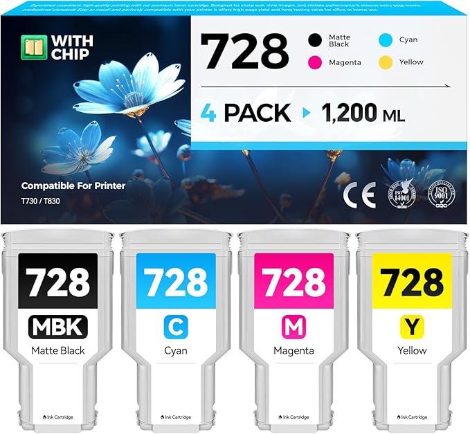 728 Ink Cartridges set 4-Pack High Yield Replacement for HP 728 Ink F9J68A F9K17A F9K16A F9K15A Compatible with HP DesignJet T830 MFP T730 Large Format Plotter Printers Matte Black Cyan Magenta Yellow