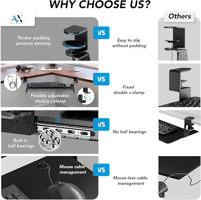 Keyboard Tray Under Desk Pull Out with Extra Sturdy C Clamp Mount System, 27.3 (32.5 inch Including Clamps) x 11 Inch Slide-Out Platform Computer Drawer for Typing Black AX01WB01