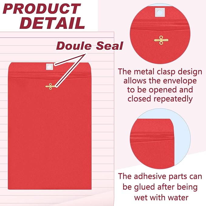 Geyee 100 Pcs Clasp Manilla Envelopes 9 x 12 Inch Gummed Colored Envelopes for Storing or Mailing for Home Office Business Supplies(Red)