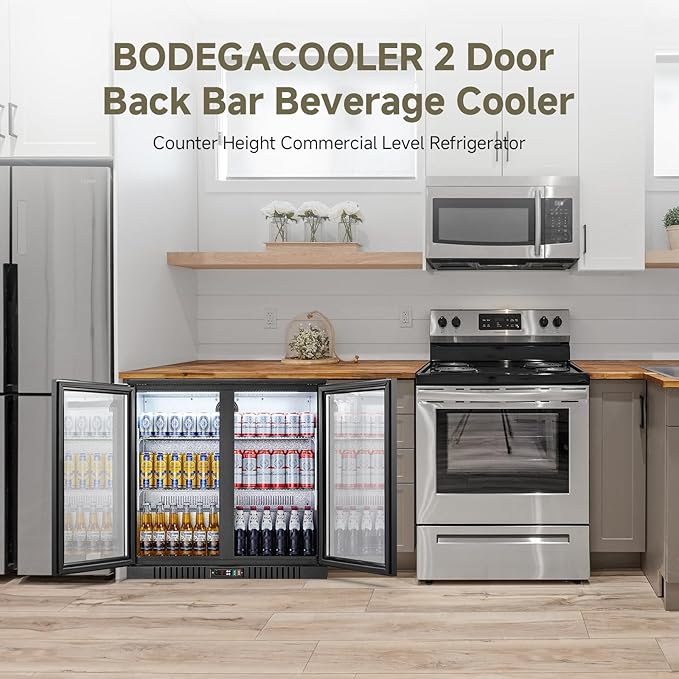 BODEGACOOLER Back Bar Cooler With 2 Glass Doors,Commercial Bar Cooler Under Counter7.4Cu.Ft,Back Bar Fridge, Beverage Bar Refrigerator with LED Lighting for Display Beverage,for Beer,Soda Drinks,Wine