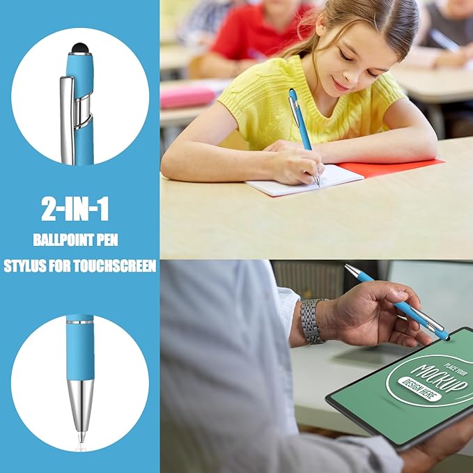 24 Pcs Blue Ink Ballpoint Pen with Stylus Tip 2 in 1 Ballpoint Pen 1.0 mm Blue Ink Metal Stylus Pen for Touch Screens Coworkers, Family, Colleagues, Office (light)