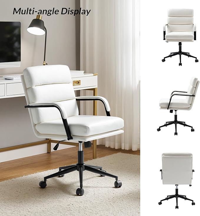 HULALA HOME Modern Faux Leather Home Office Chair with Tilt Lock & Metal Base, Desk Chair with Wheels & Padded Cushion, 360° Swivel Wide Seat Computer Task Chair, White