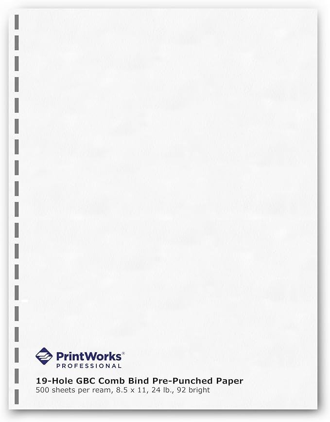 PrintWorks Professional GBC 19 Hole Comb Binding Pre-Punched Paper - Book Binding Printer Paper - Made in the USA - 500 Sheets - 8.5" x 11" - 24 lb - 92 Bright White (04329)