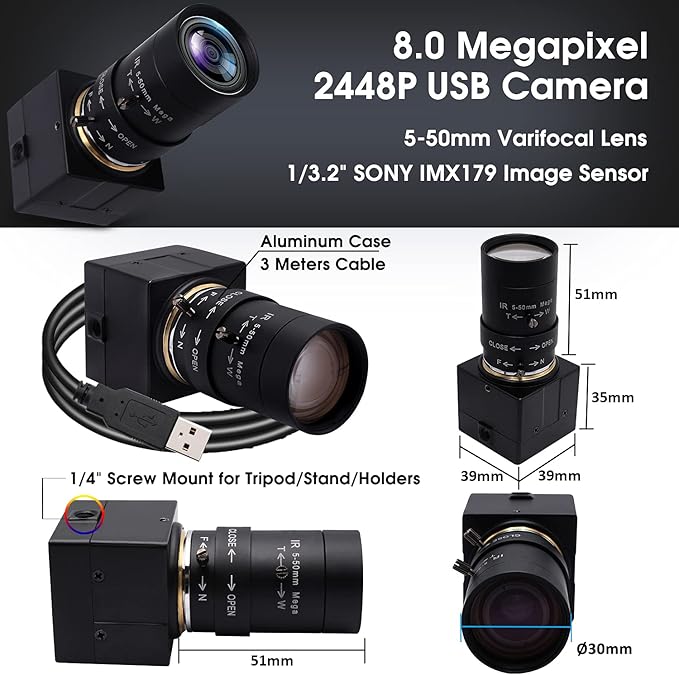 SVPRO USB Webcam with Zoom Lens 5-50mm, 10X Optical Zoom Manual Focus,High Resolution 3264x2448,Sony IMX179 Sensor,USB HD Computer Camera for Windows MAC Linux Android