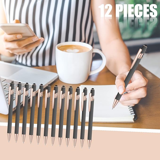 12 Pcs Blue Ink Ballpoint Pen with Stylus Tip, 2 in 1 Gift Pen for Touch Screens (Gray Rose Gold)