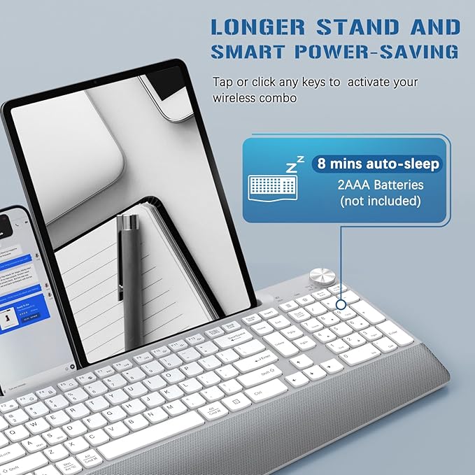 JOYACCESS Ergonomic Wireless Keyboard, 2.4GHz Cordless USB Full-Size Keyboard with Wrist Rest, Quiet Design & Numeric Keypad, Phone Holder for Desktop, Laptop, PC, Mac, Windows -Silver White