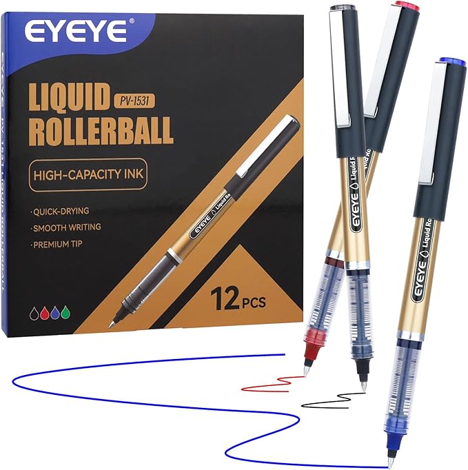 EYEYE Liquid Ink Rollerball Pens 12 Pack 0.7mm Medium Point 3 Color, Quick Dry Smooth Writing Pens for Journaling, Office, School & Note Taking Supplies