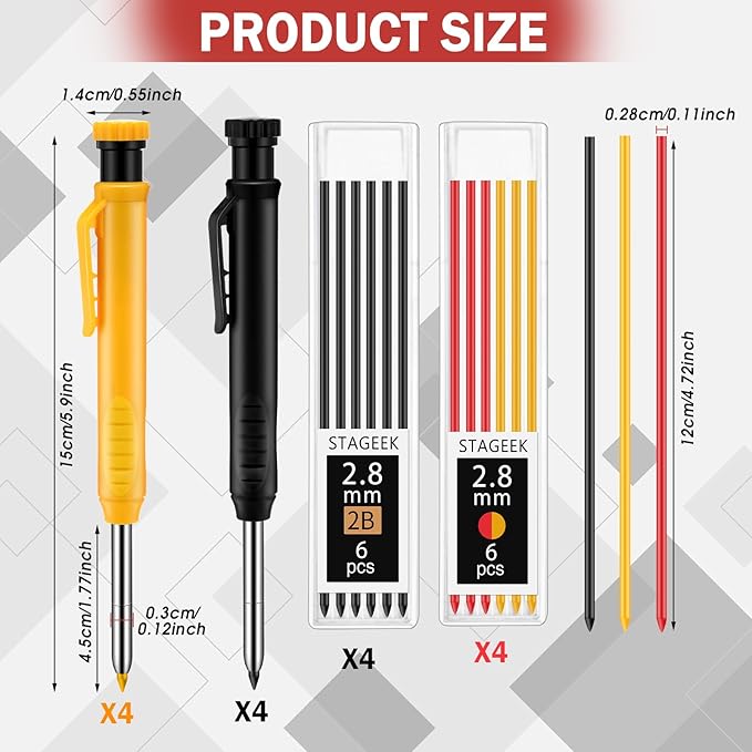 8 pack 2.8mm Mechanical Carpenter Pencils with 48 Refills, Construction Pencils with Built-in Sharpener, Long Nib Deep Hole Marker, Heavy Duty Woodworking Tools (Black+yellow)