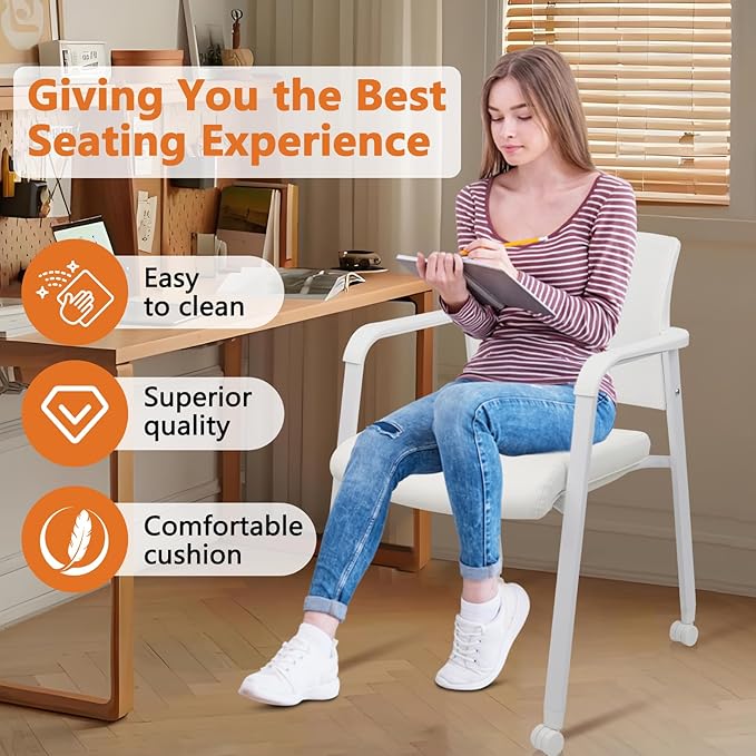 CLATINA Stacking Office Chairs | Mesh Back, Thicken Leather Seat and Arms, Ergonomic Lumber Support | Guest Reception, Waiting, Conference, School, Party, Customer, Side, Stationary | Set of 2, White