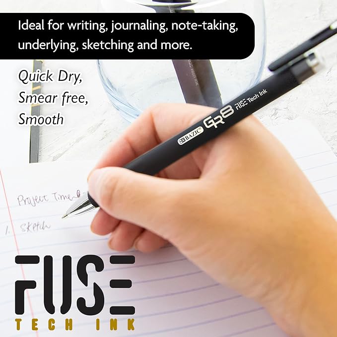BAZIC Oil Gel Fuse Tech Ink Pen, GR8 Black Color w/Rubberized Barrel, 0.7 mm Medium Point Smooth Writing (3/Pack), 144-Packs
