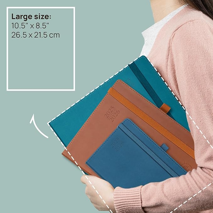 POPRUN Planner 2025-2026 (Large - 8.5'' x 10.5'') Academic Weekly Calendar (July 2025 - June 2026) with Hourly Time Slots, Monthly Tabs, 100GSM Thick Papers, Leather Soft Cover - Grey