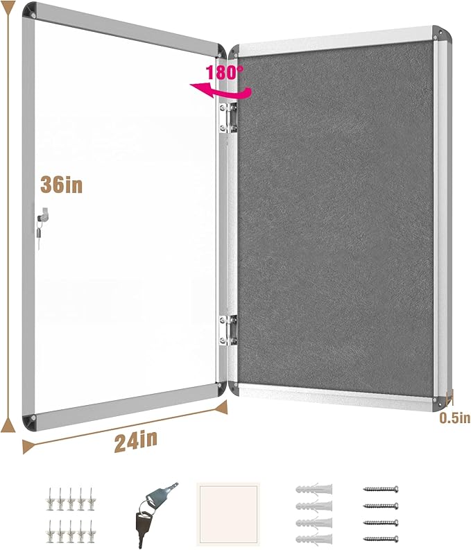36"x24" Enclosed Bulletin Board, Lockable Weather-Resistant Aluminum Cork Noticeboard for School & Office, Silver Frame w/Grey Flet