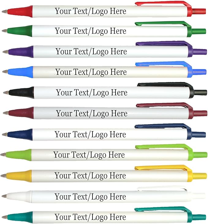 Personalized Click Stick Pens With your Custom Logo or Text-300 Pack Bulk-for Businesses, Parties, and Events, Custom Printed Retractable Slim Ballpoint Pens, Light Blue, Black Ink