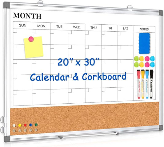 Monthly Calendar Whiteboard Dry Erase Cork Board Combo for Wall, 30" x 20" Magnetic Double-Sided Calendar White Board and Bulletin Board, Portable Board for Office, Kitchen, School, Home, Dorm