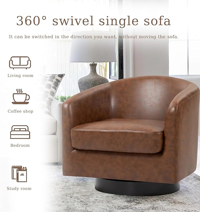 UIXE Faux Leather Swivel Accent Chairs Set of 2, Modern Upholstered Barrel Chairs for Living Room, Comfy Round Armchair Single Sofa Bedroom Reading Seat - 31" W, Coffee