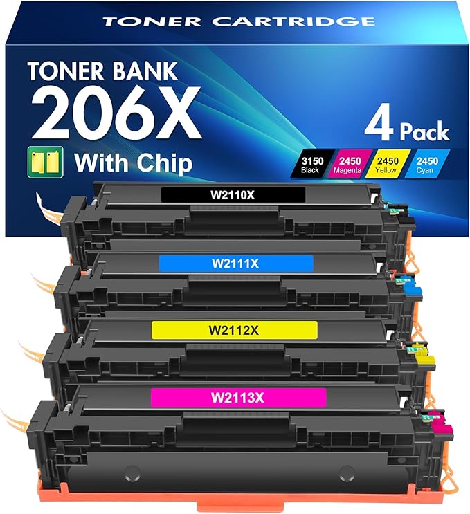 206X Toner Cartridges 4 Pack High Yield MFP M283cdw M283fdw Compatible for HP 206X 206A M255dw Color Laserjet Pro MFP M283fdw M283cdw M255dw M283 M255 Printer Ink (Black Cyan Yellow Magenta)