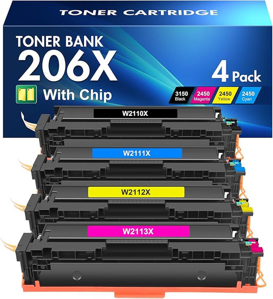 206X Toner Cartridges 4 Pack High Yield MFP M283cdw M283fdw Compatible for HP 206X 206A M255dw Color Laserjet Pro MFP M283fdw M283cdw M255dw M283 M255 Printer Ink (Black Cyan Yellow Magenta)