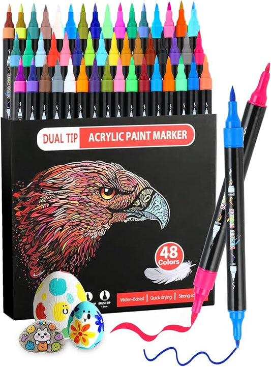 48 Colors Acrylic Paint Markers, Dual Tip Acrylic Paint Pens with Brush and Fine Tips for Kids, Adults, Wood, Canvas, Stone, Rock Painting, Glass, Ceramic Surfaces, DIY Crafts Making