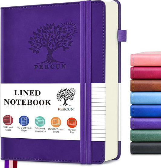 PERCUN Lined Journal Notebook for Men & Women, 160 Pages College Ruled Journal for Writing, A5 Hardcover Leather Notebooks for Work, School, Business, Travel, Daily Diary 5.9" x 8.5" - Purple