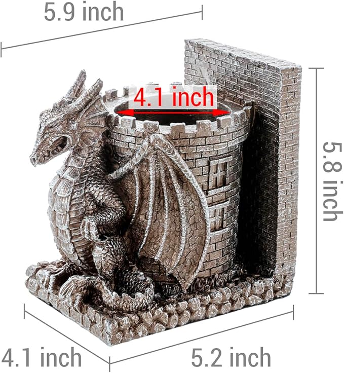MyGift Gothic Brown Resin Dragon Guarding Castle Pencil Cup Bookends, Office Desk Book Ends with Decorative Fantasy Dragons and Stone Tower Pen Holders, 1 Pair