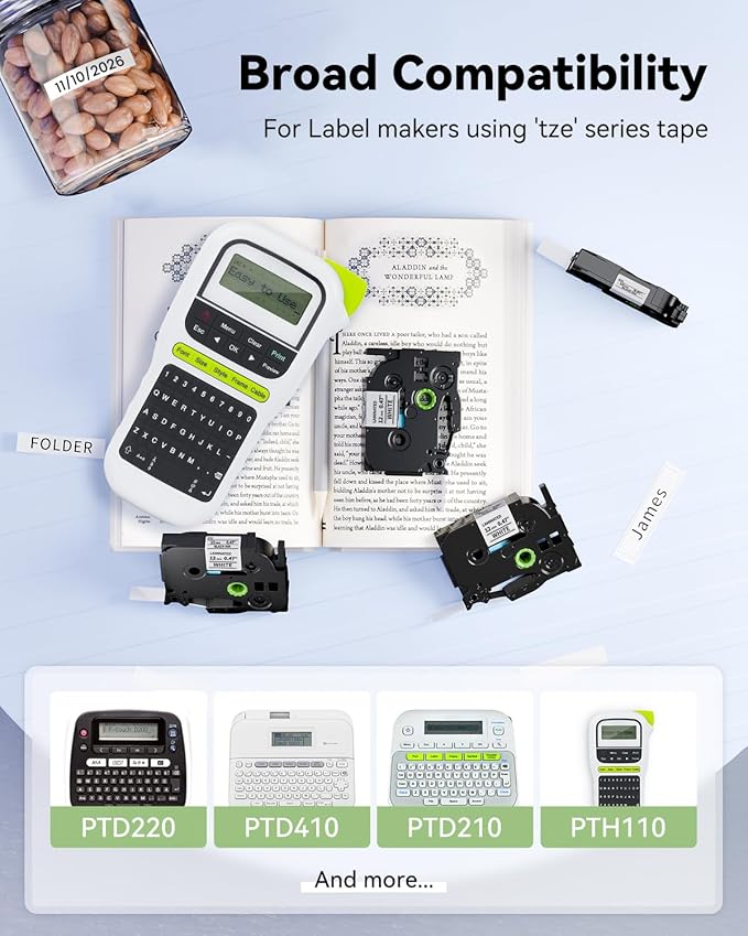 12mm 0.47 Laminated White Tape Tze Tz Label Compatible with Brother P-touch 1/2 Inch Black on White P Touch Label Maker TZe231 for PT-D210 1280 1750 PT-P300BT PT-P700BT Cube Plus Tape, 10-Pack