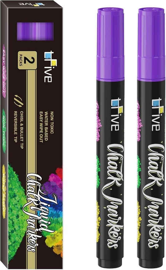 TFIVE Purple Liquid Chalk Markers - 2 Pack Bright Colors Erasable Chalk Marker Pens, Reversible Tip, Non-Toxic, for Chalkboards, Signs, Glass, Easy to use Chalk markers TF800