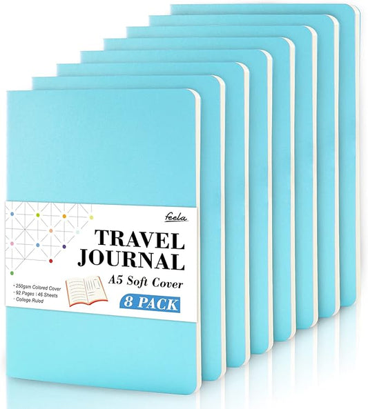 8 Pack Soft Cover Journal Bulk, Feela Notebooks College Ruled for Work, Lined Travel Journal for Women Men, Note Taking Notebook School Supplies Business Writing, 8.2” x 5.5”, A5, Light Blue