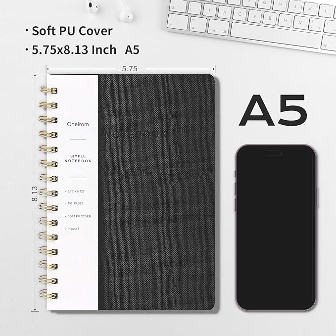 Lined Spiral Notebook College Ruled A5 Journal Book for Note Taking, 160 Pages Writing Journal for Office and Home School Supplies 5.75x8.125 inch (6-Black)