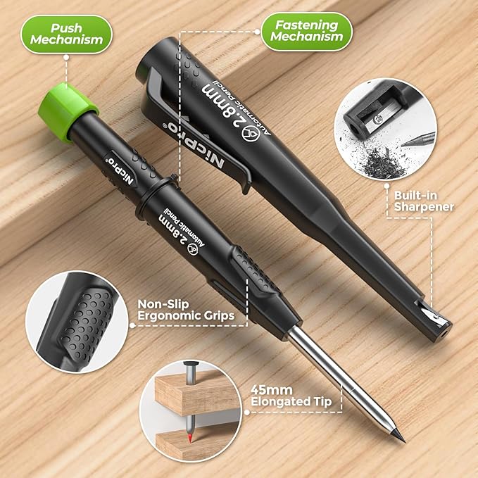 Nicpro Carpenter Pencil with Sharpener & Belt Clip, CP3000 Mechanical Pencils with 6 Refills in a Lead Dispenser, Deep Hole Long Nib Marker Pens for Construction, Woodworking Marking Carpenter Tools