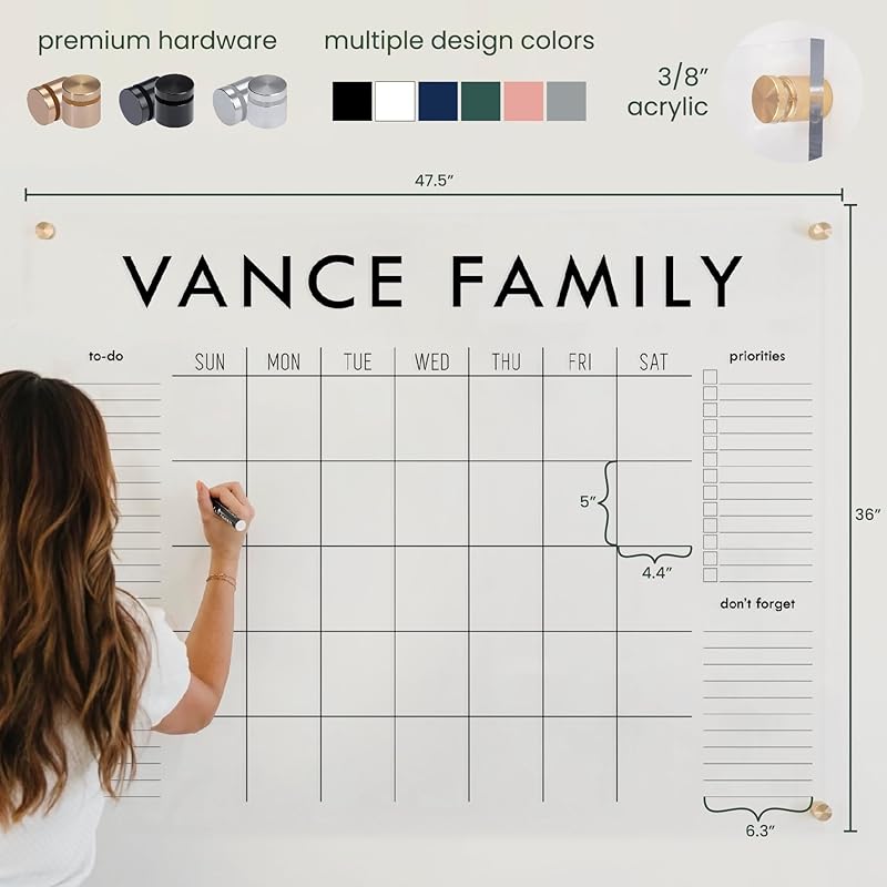 Personalized Clear Acrylic Calendar for Wall, Calendar Whiteboard for Wall, Dry Erase Wall Calendar, Wall Calendar Organizer System for Home (Block, Black, 47.5"W x 36"H)