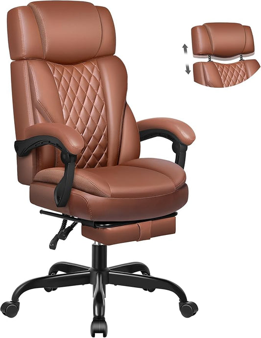 Executive Leather Office Chair, Big and Tall Office Chair with Footrest Home Office Desk Chairs, Ergonomic Computer Desk Chair with Lumbar Support, Reclining Office Chairs with Adjustable Angle