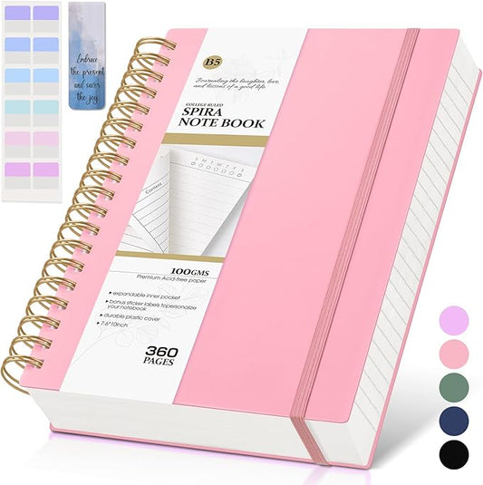 Pink Spiral Notebook Journal, 360 Pages College Ruled Notebooks, Lined Thick Journals for Women Men,B5 Big Spiral Notebooks with 100GSM Paper, Spiral Bound Journal for Writing Work School 7.6"×10"